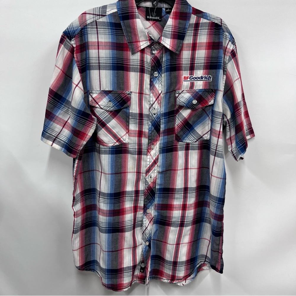 Burnside L Men's Casual Plaid button up Shirt BF Goodrich logo Red, Blue, White